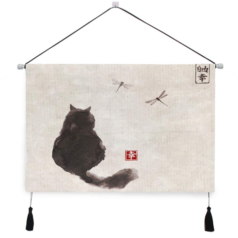 YYZZH Black Fluffy Cat Watch Dragonfly On Vintage Paper Japanese Ink Painting Hanging Canvas Print Wall Art Decor 17.5"X24.5" Poster Artwork Painting Prints Home Decor For Bedroom Living Room - Image 1
